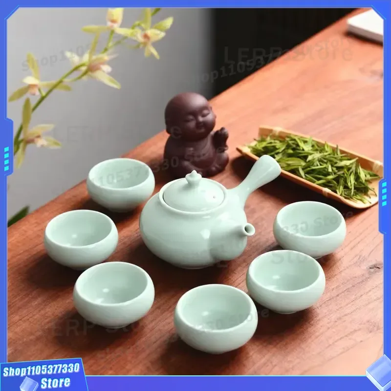 Handmade Ru Kiln Ceramic Tea Set with Teapot and 6 Cups High Grade Chinese Celadon Crispy Glaze Masterpiece for Kung Fu Tea