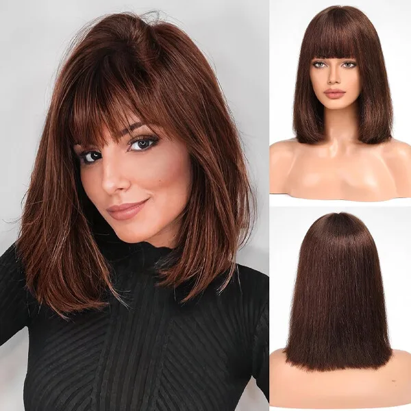 

Brown Short Bob Wig with Bangs Hair Wigs No Lace Machine Made Wigs