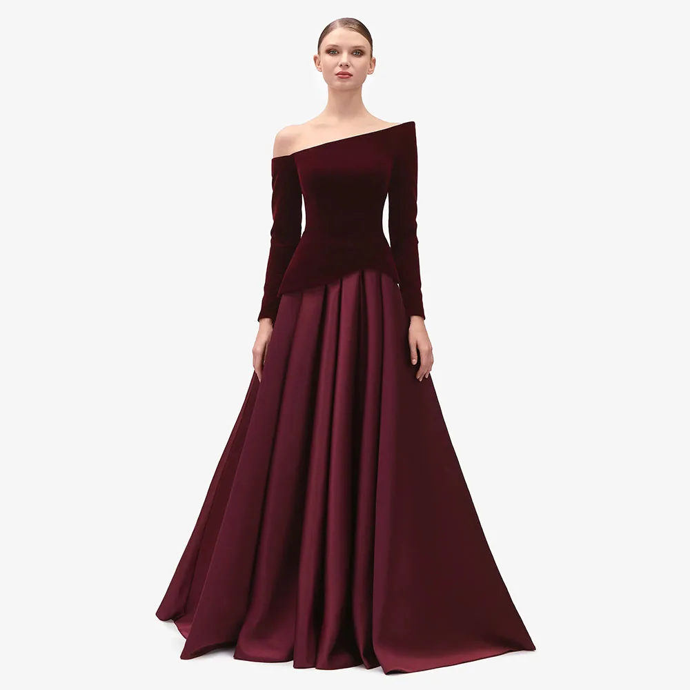 

Customized Luxury Evening Dress Off the Shoulder Long Sleeves A Line Modern Evening Gowns for Women Velvet Satin Prom Dresses