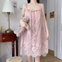 Hot Sale Sexy  Sleepwear Lace Nightgown Women See-through Loungewear Pajamas Summer Nightwear Solid Night Gown Mini Dress