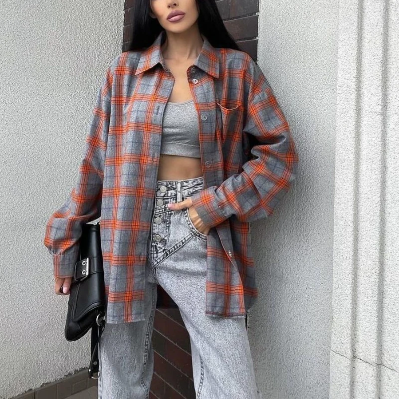 Casualowa koszula w kratę w kratę Luźna koszula z długim rękawem i guzikami Długa kurtka koszulowa 2025 Wczesna wiosna Moda dojeżdżająca do pracy Odzież damska