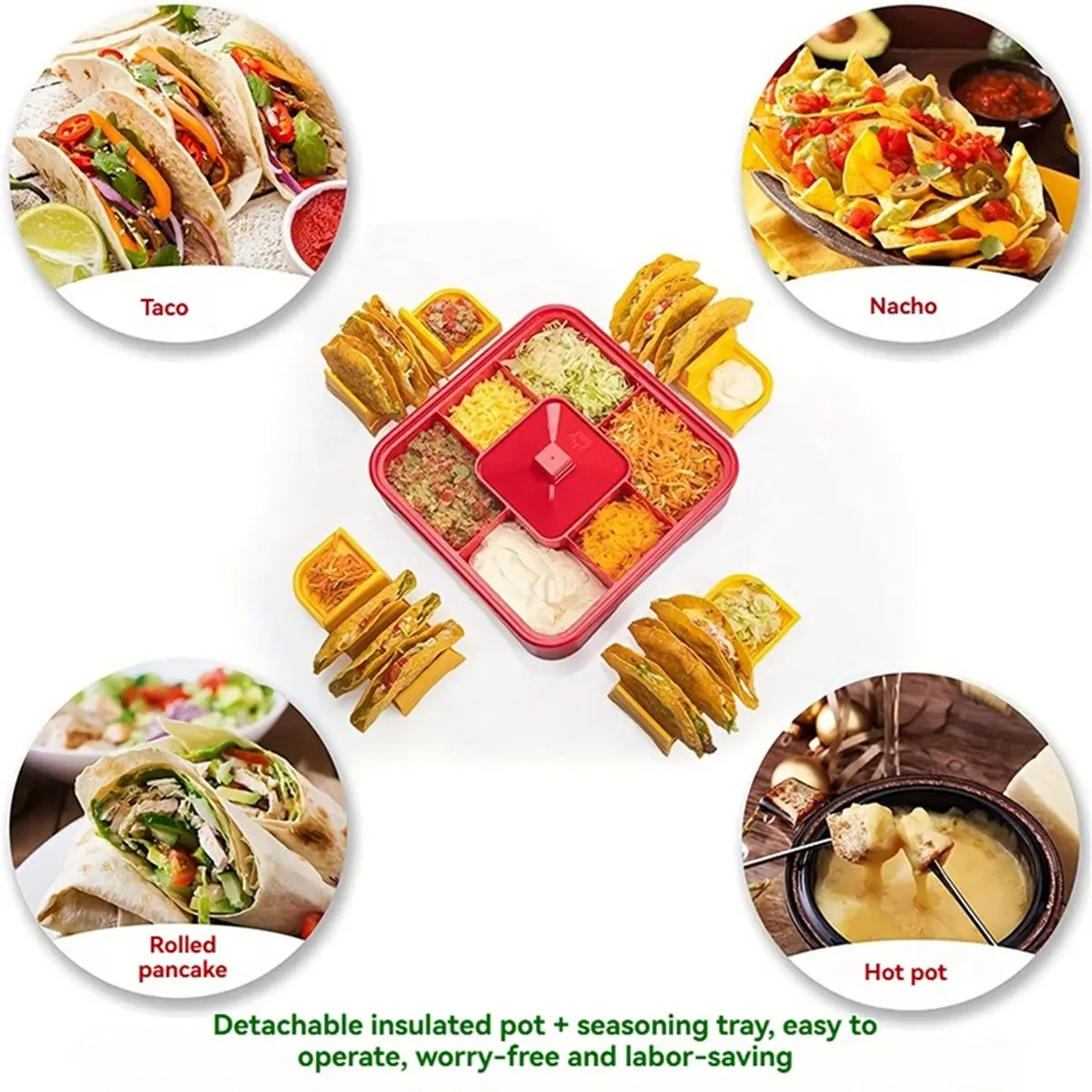 

Набор для сервировки бара с тако на вечеринке, тарелка для тортильи с 4-секционными держателями для тако и нескользящим основанием.