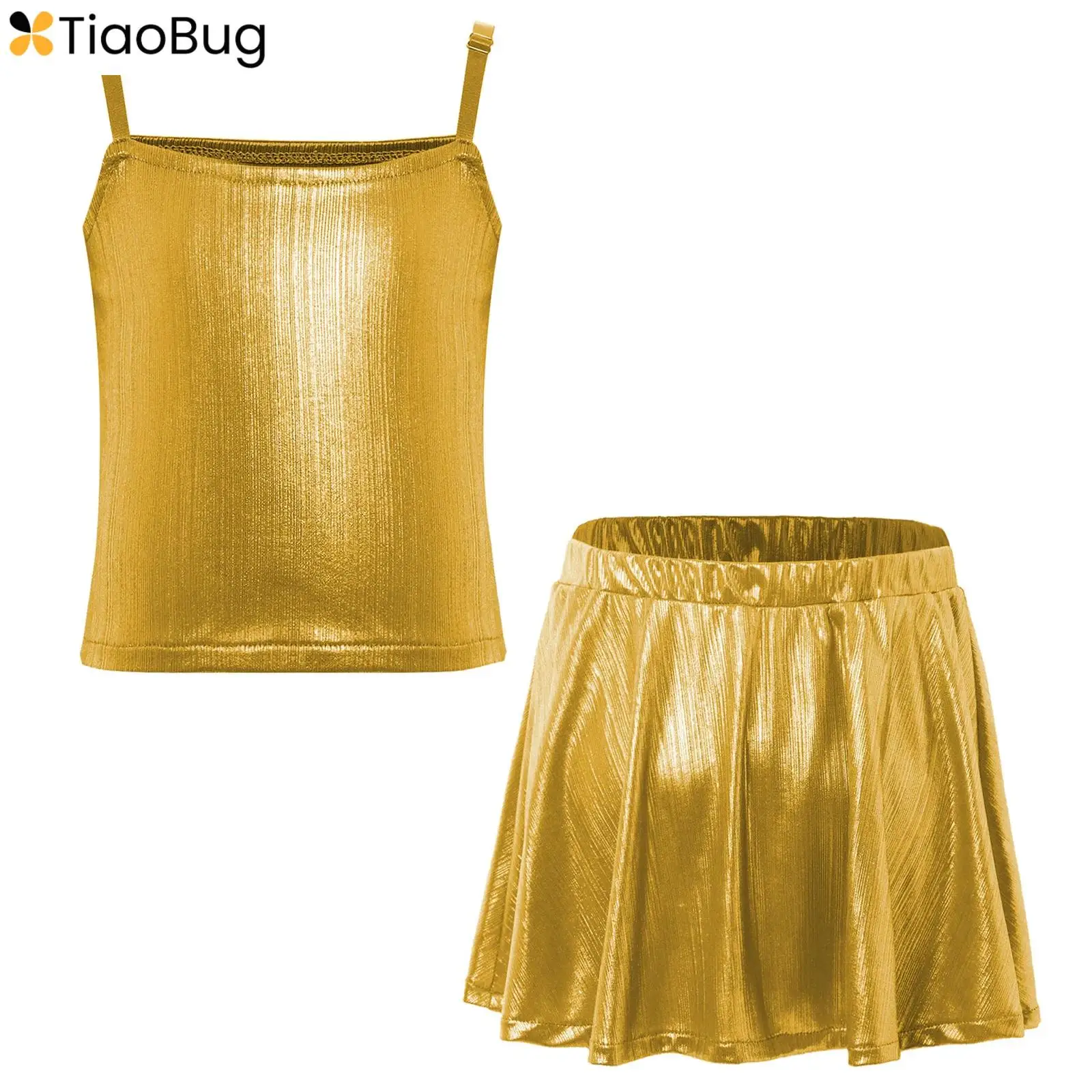 

2Pcs Kids Girls Jazz Dance Outfit Adjustable Straps Metallic Camisole Crop Top Vest+Ruffled Skirt Carnival Ballroom Dancewear