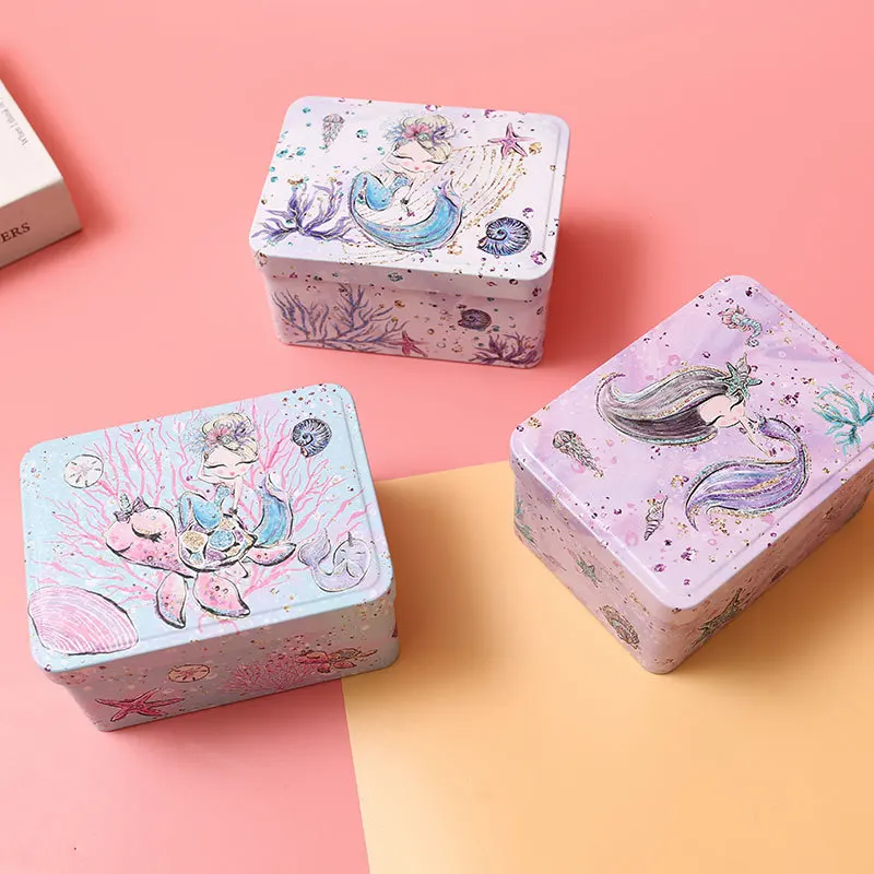 New Cartoon Mermaid Rectangle Biscuits Storage Tin Box With Lid Tea Coffee Organizer Case for Money Coin Candy Jewelry Gift Box