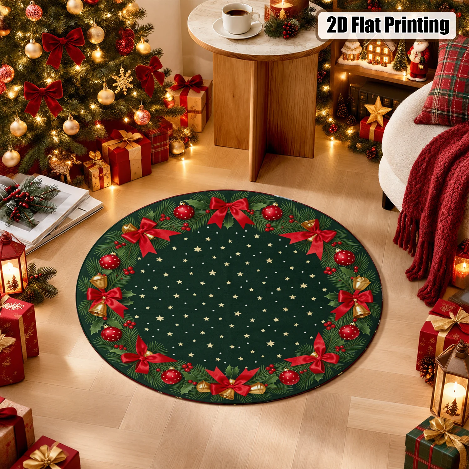 Christmas Pine Bow Bell Star Pattern Tree Skirt Velvet Machine Washable for Dining Table Living Room Holiday Party Halloween Thanksgiving Black Friday Cyber Monday Christmas New Year