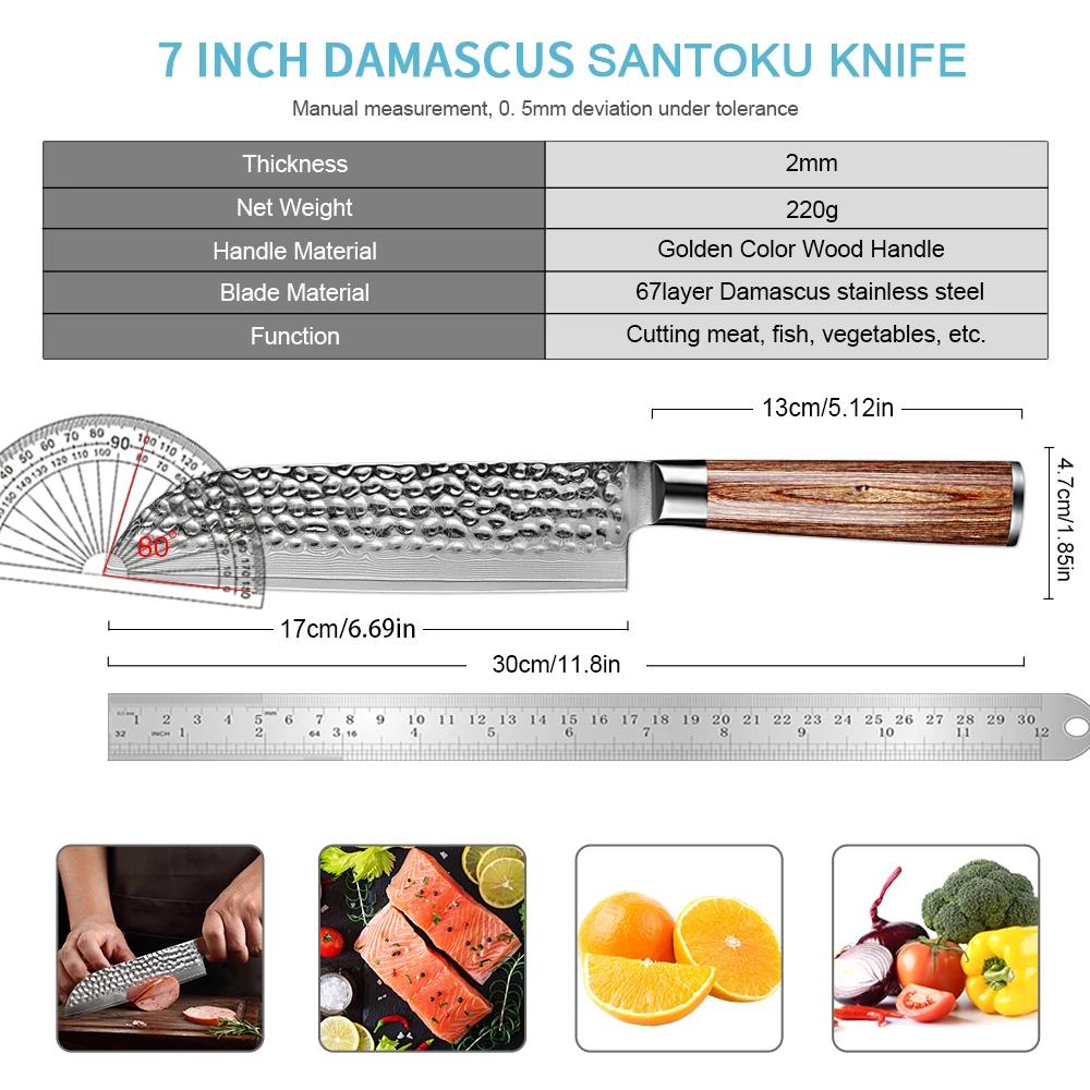 7 Inch Damascus steel Santoku Knife Cut Meat Fruit Vegetable Knife Kitchen Cooking Knives Japanese non-stick sharp slicing knife