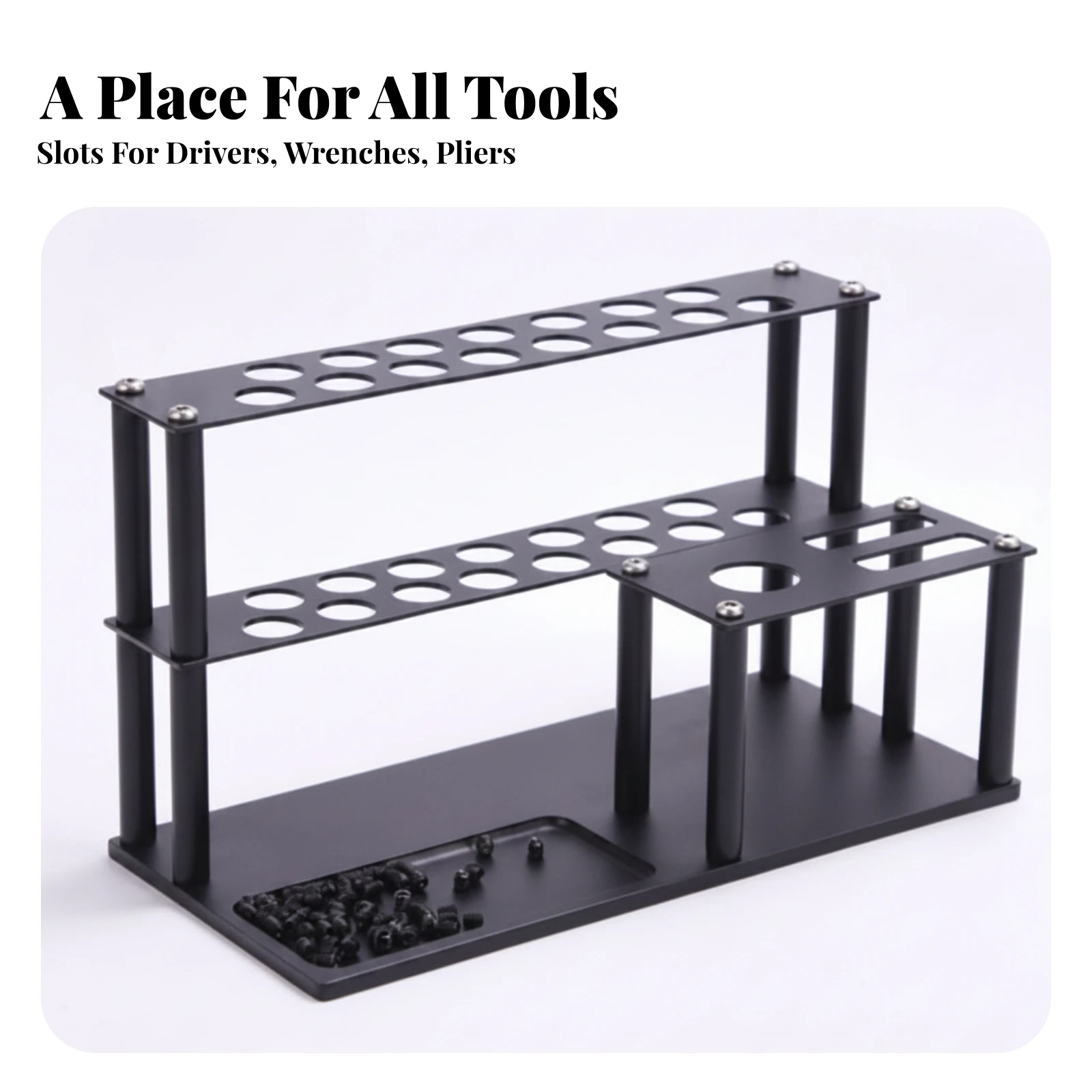 Tool Organizer Rack Heavy-Duty Metal Bench-Top Tool Holder Socket Organizer with Tray Ahorra Espacio Storage Stand Matte Black