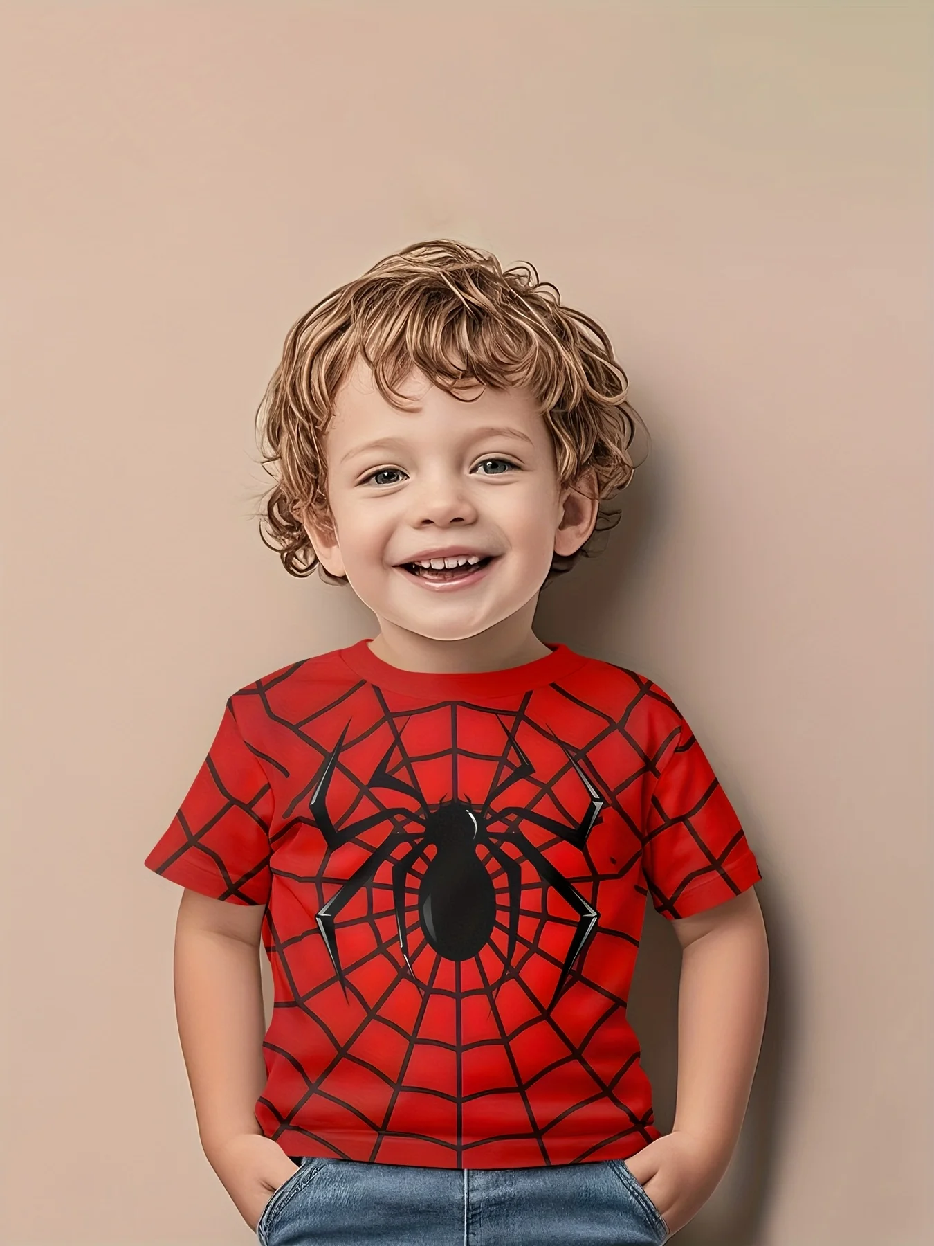 A Cool and Eye-catching Spider Pattern T-shirt with a Round Neck for Baby Boys in Summer