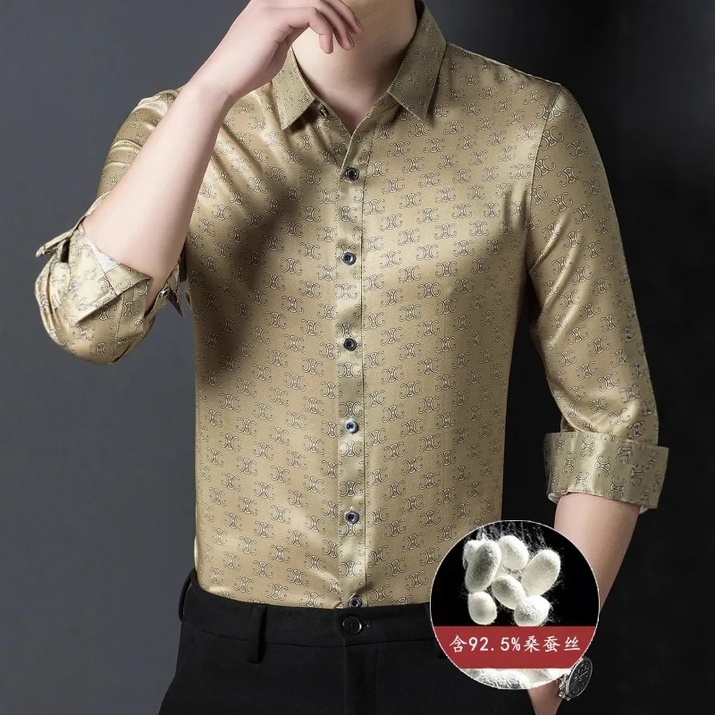 Men Clothes Silk Shirt Spring Autumn New Mulberry Silk Fashion Satin Silk Long Sleeve Shirt
