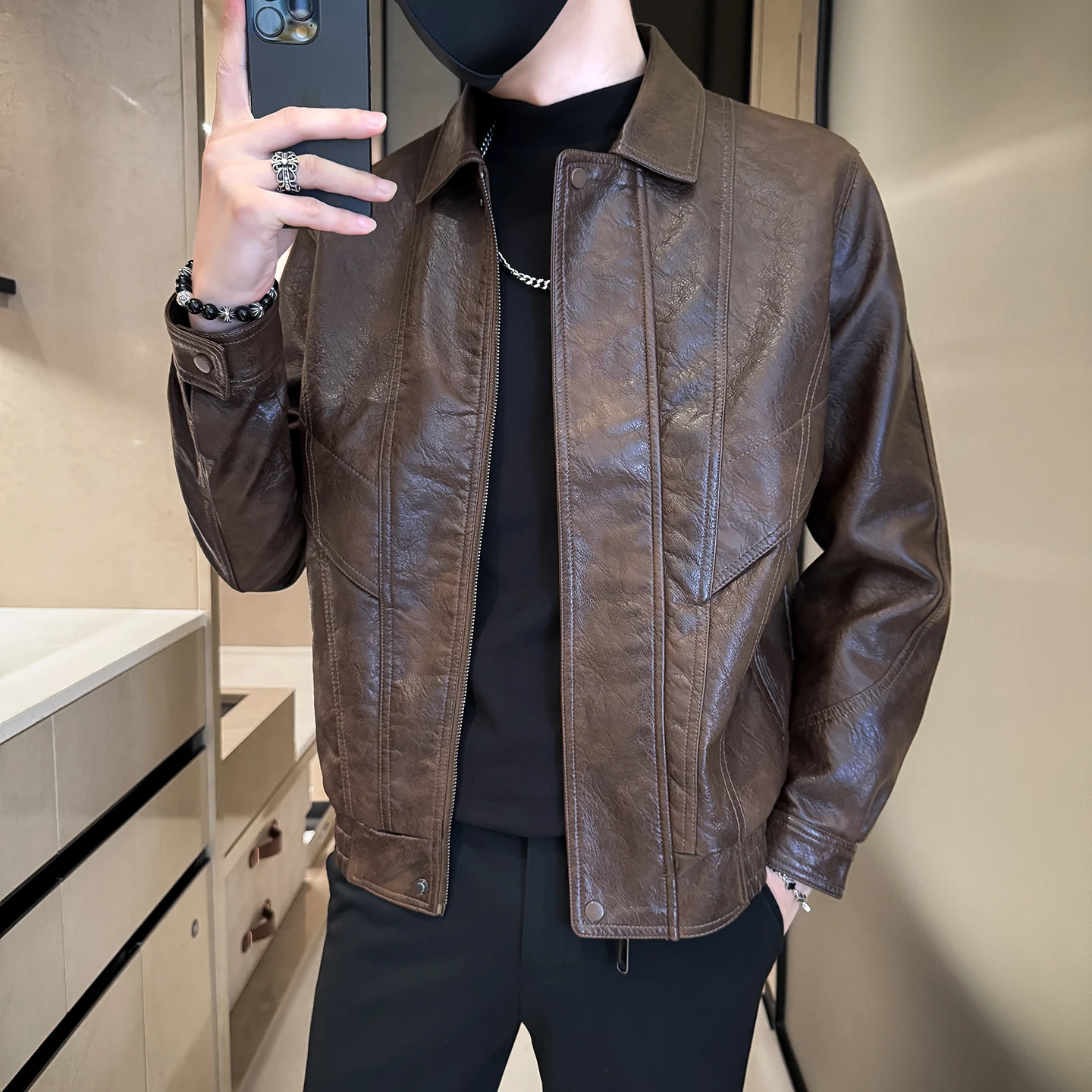 

Men's High-End Leather Jaet Casual Versatile Sli Autumn Winter PU Leather Coat Straight Cut Youthful Energy Long Sve