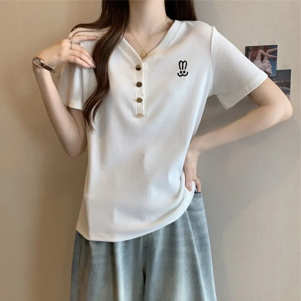 

Женская футболка больших размеров с v-образным вырезом и короткими рукавами, слегка толстая, приятный топ на правые плечи для лета, свободный стиль для похудения