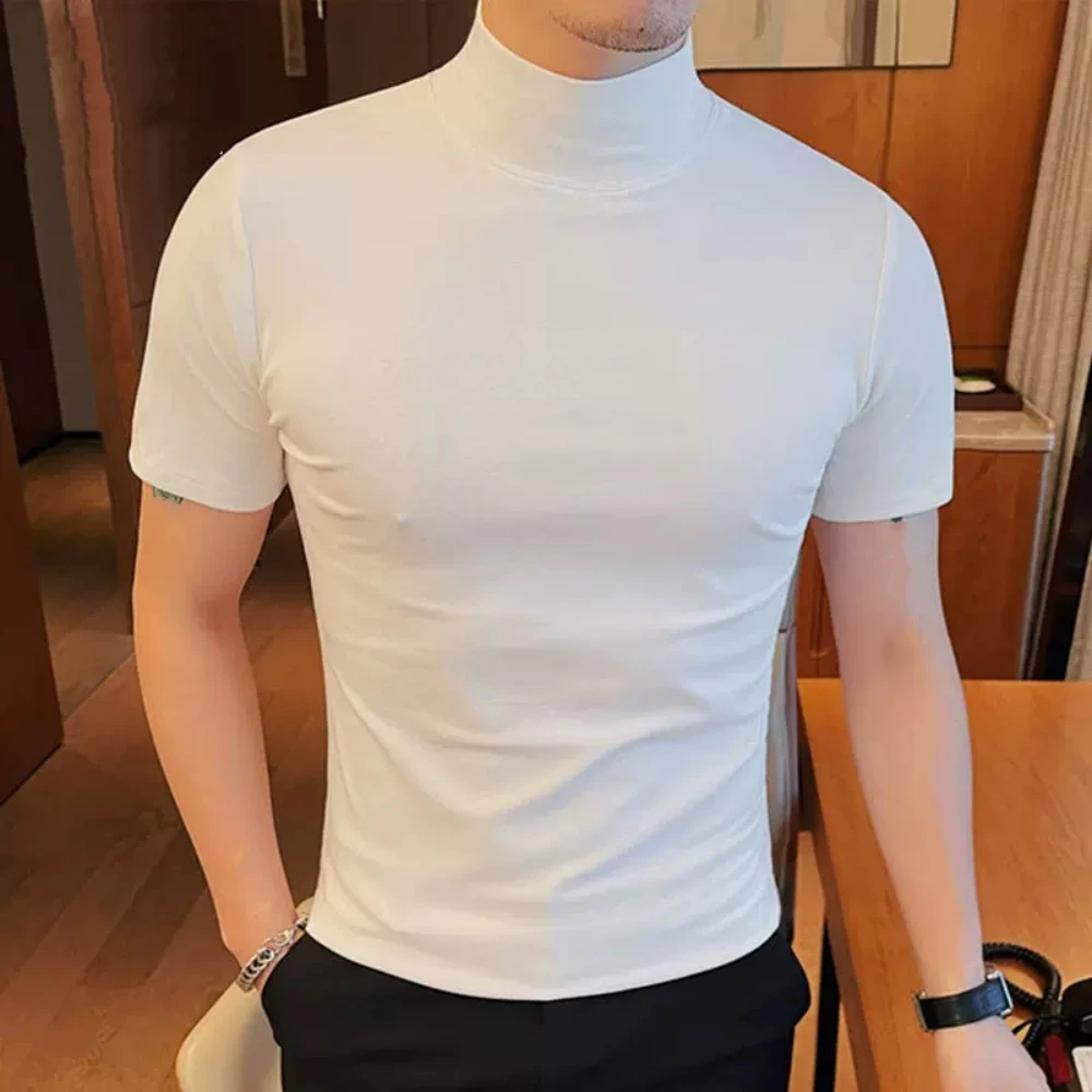 Fashion Men's Slim Body T-Shirt Short Sleeve Basic Turtleneck Half High Collar Pullover Thin Top Basic Bottoming T Shirt For Men