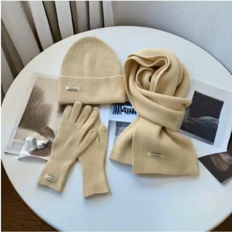 ชุดผ้าพันคอไหมพรมสำหรับฤดูหนาว ผู้หญิง สีพื้น หมวก ผ้าพันคอ ถุงมือ ชุดสามชิ้นสำหรับผู้ใหญ่ กันลม แฟชั่น ชุดผ้าพันคอและหมวกสำหรับผู้หญิง
