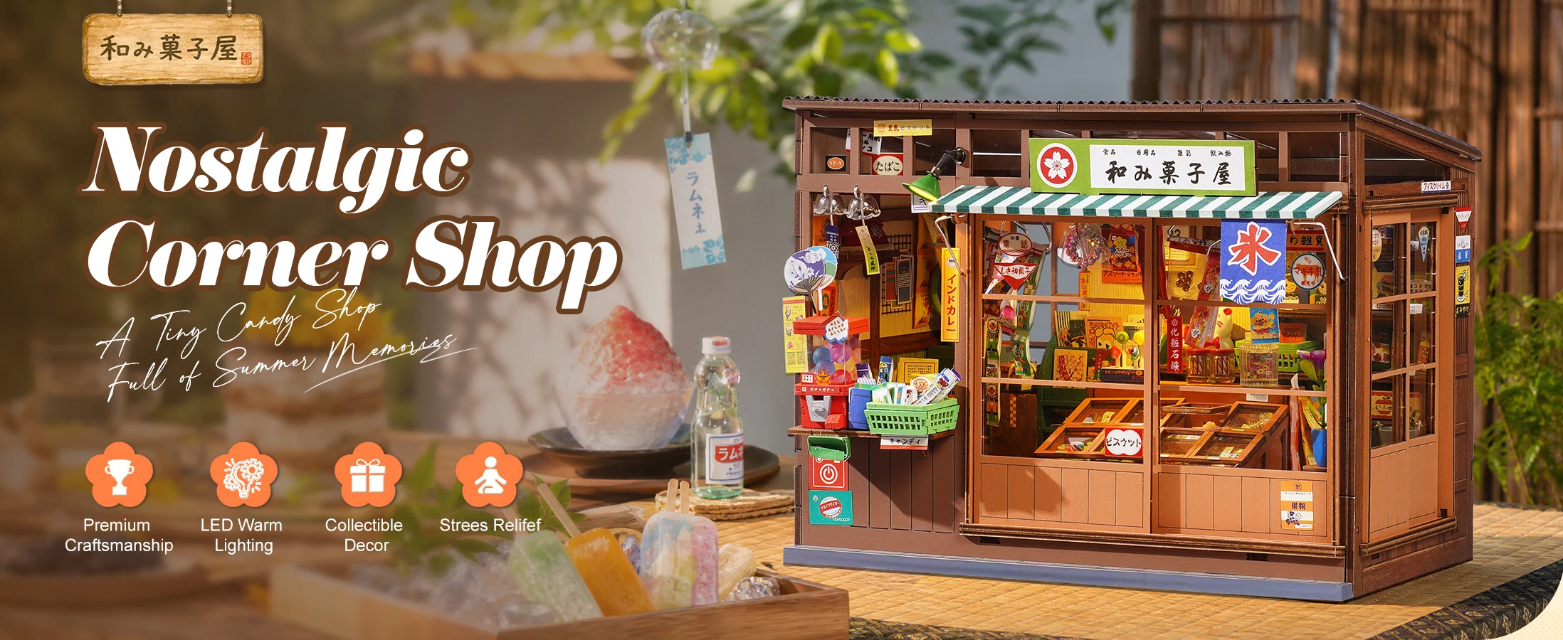 Rolife DIY Book Nook Kit 3D Puzzle Nostalgic Corner Shop Bookends with Sliding Door & LED Light for Bookshelf Decor Wooden DIY Dollhouse Toys for Holiday Gift