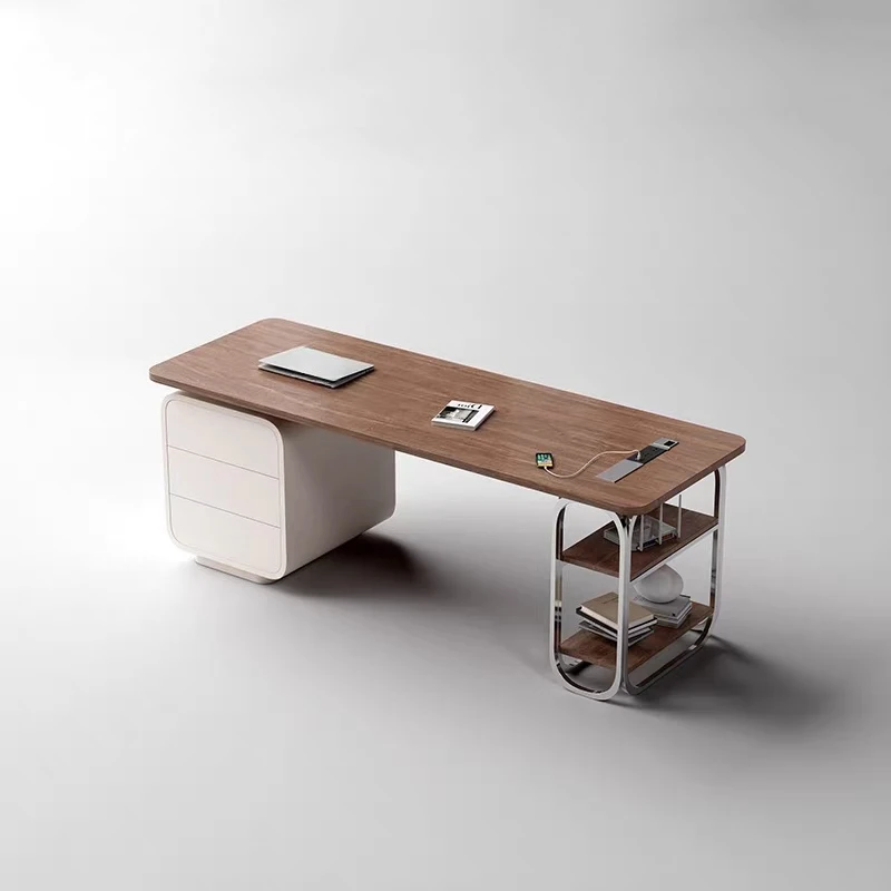 

High-grade solid wood desk Modern minimalist office Walnut veneer stainless steel computer desk