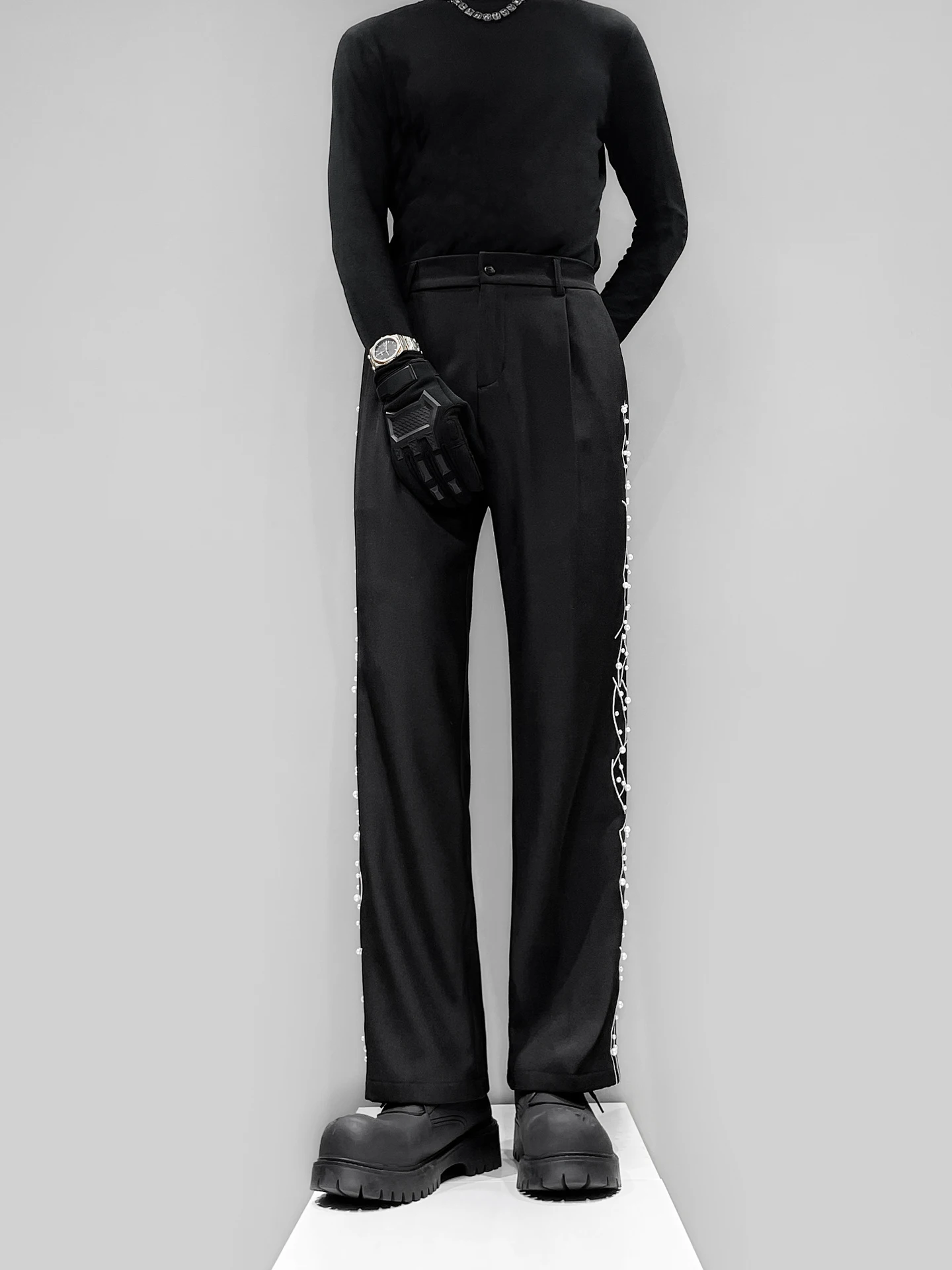 

Брюки-костюмные с вышивкой, прямого кроя, облегающие, оригинальный дизайн, изысканная строчка, мужские, класса люкс