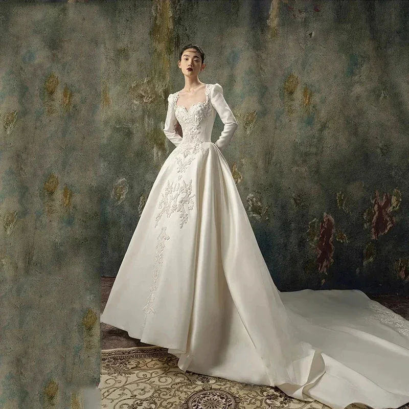 Robe de Mariée Française de Luxe en Satin, Tenue de Bal, de Soirée, de Cocktail, avec Appliques, pour Occasions Formelles, 2024