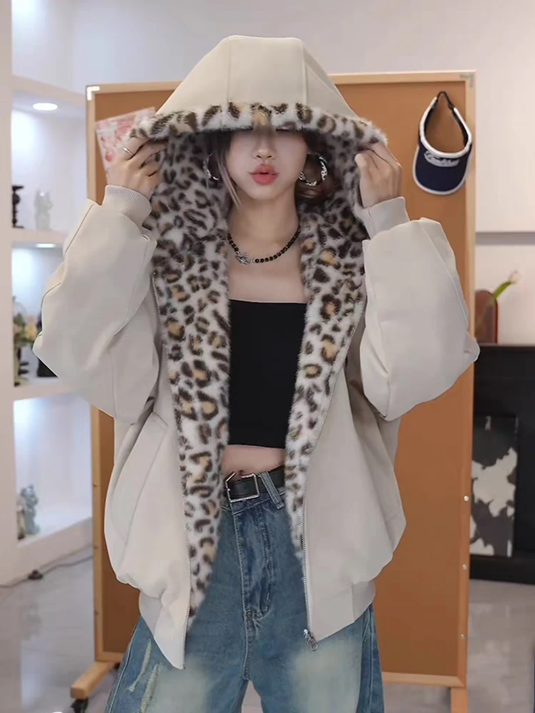 

Зимняя куртка Thiened с капюшоном для мужчин и женщин с меховым воротником, двухсторонняя одежда с леопардовым принтом, теплое хлопковое пальто для пар