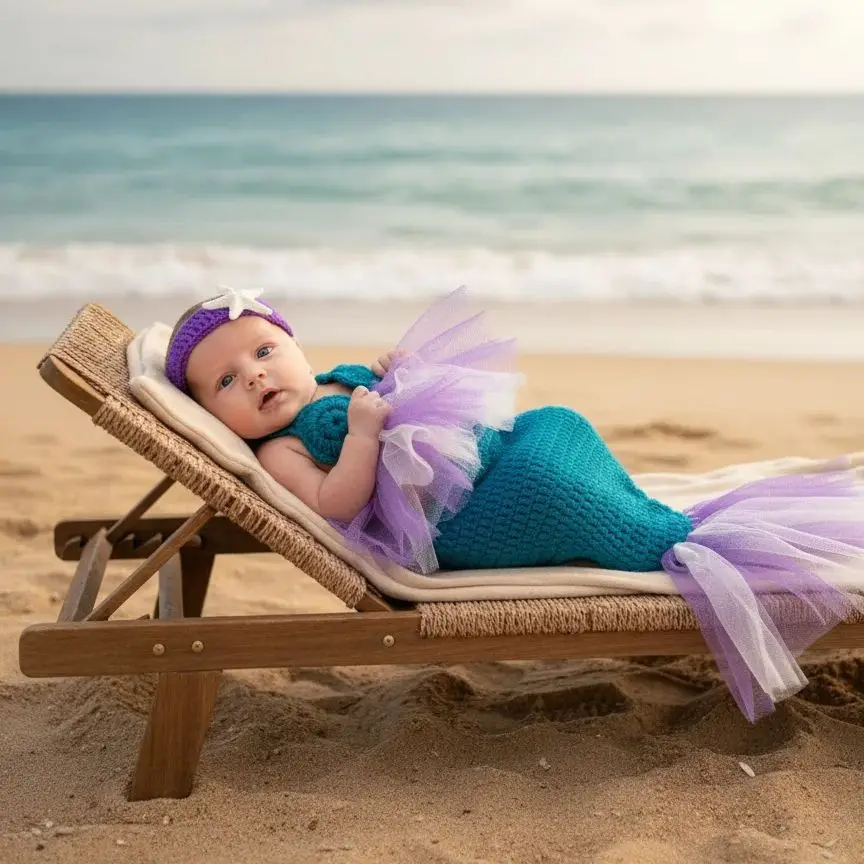 

Purple Mermaid 3-Piece Set Newborn Photography Props Outfit Beachside Photography Accessories for Babies