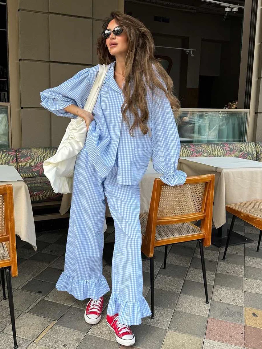 

Blue Striped Women Set Turn-Down Collar Long Sleeve Shirt Tops + Long Pants 2 Piece Suit Casual Ladies Nightwear Outfits