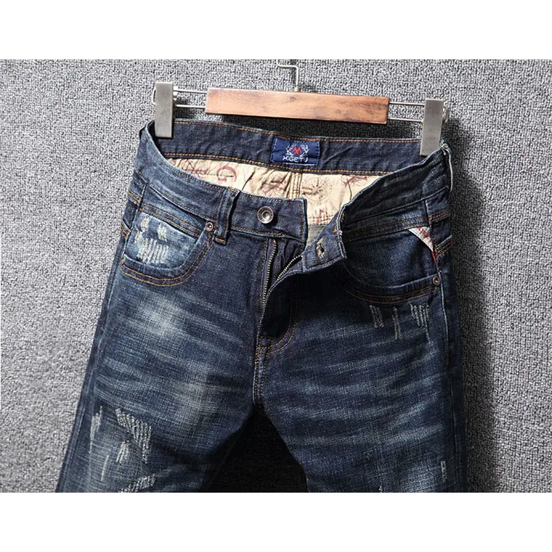 Fashion Designer Men Jeans High Quality Retro Washed Blue Stretch Slim Fit Ripped Jeans Men Vintage Casual Denim Pants Hombre