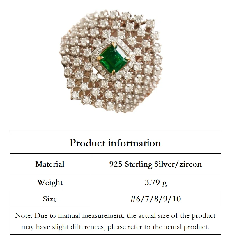 925 Sterling Silver gold plate emerald zircon Fashionable French Light Individuality Ring Retro Simple Women's Finger Ring