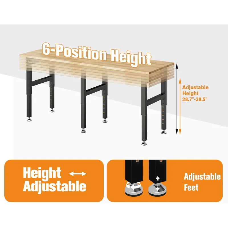 72“ Adjustable Heavy Duty Workbench with 4 AC Outlet and 2 USB Ports Power Outlets, 5000 Lbs Capacity, Rubber Wood Top