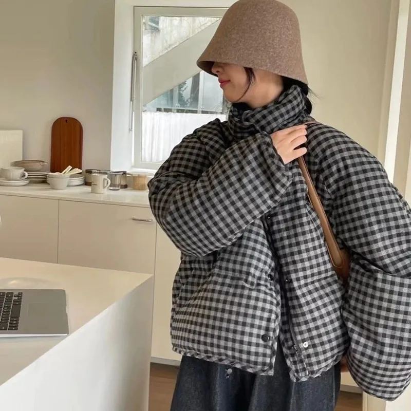 Shpmishal Koreaanse Mode Retro Plaid Korte Parka 2024 Vrouwen Winter Nieuwe Stand Kraag Warme Dikke Jas Vrouwelijke Kleding