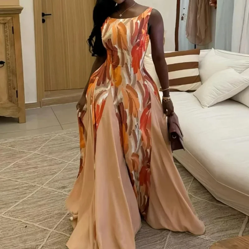 Neues Modisches Schlankes Patchwork-Kleid für Damen Lässiges Bedrucktes Ärmelloses Neckholder-Maxikleid Sommer Neues Hochgeschnittenes Plissiertes Partykleid