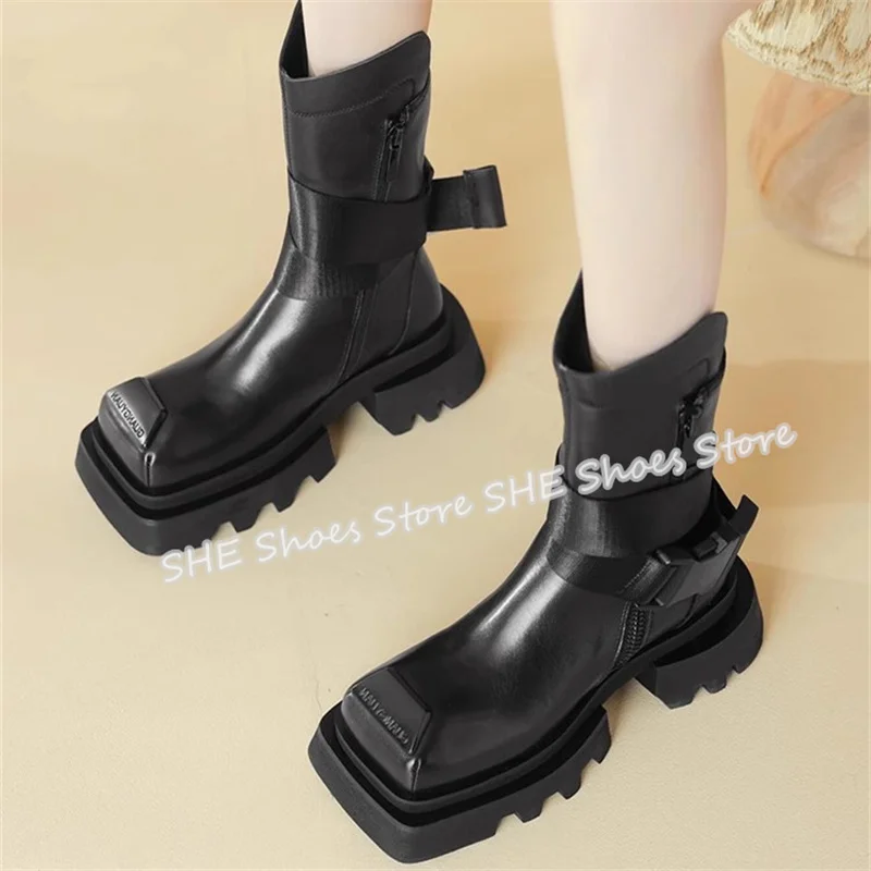 

Punk Belt Buckle Decor Square Toe Mororcycle Boots for Women Chunky Platform High Heel Western Cowboys Boots Male High Top Boots