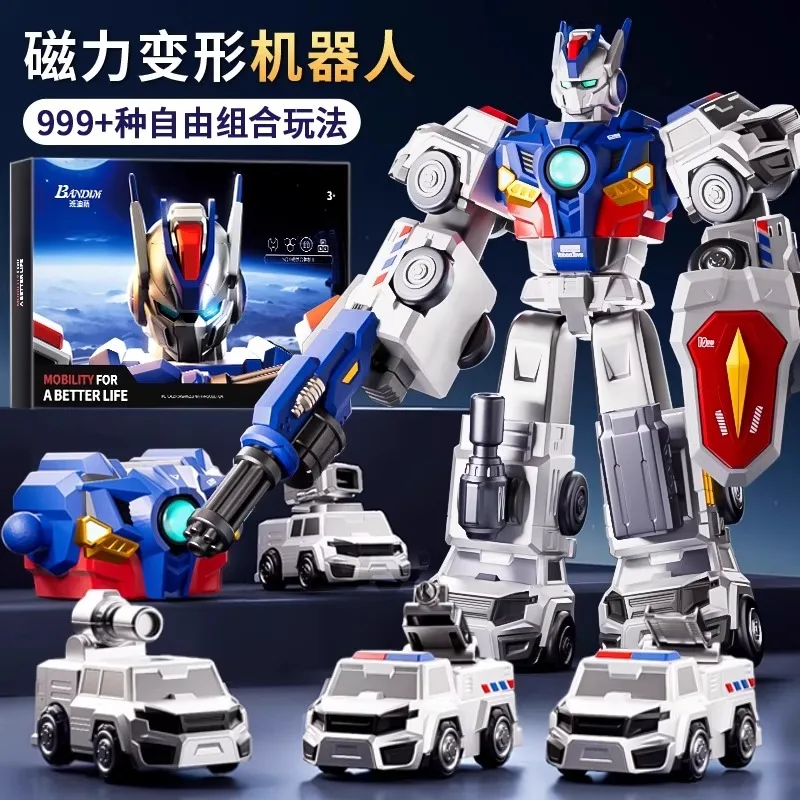 

Children's toy transformation robot magnetic splicing 6-in-1 integrated transformation police car robot