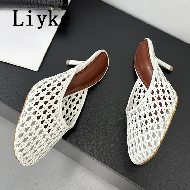 

Hlieny Sexy Hollow Out Leather Mesh Women Pumps Slippers Fashion Square Toe Thin Low Heels Mules Shoes Slingback Sandals White