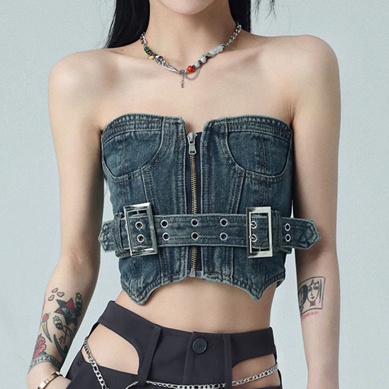 Retro girl star belt double breasted hollow out punk belt ins trend  womens cute  sexy Denim Cotton Casual corset top