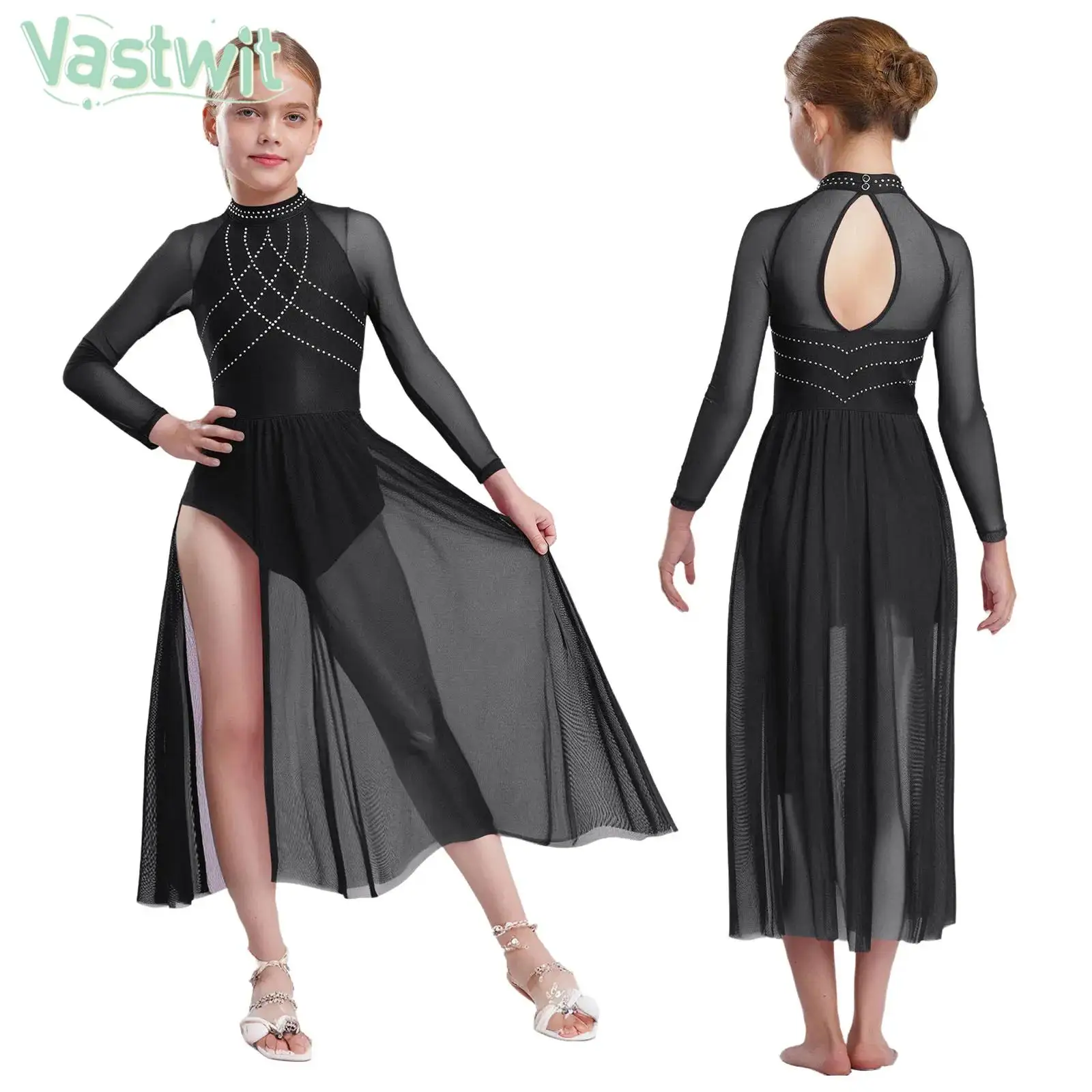Girls Lyrical Dance Dress Long Sleeve Shiny Rhinestones Sheer Mesh Leotard Dresses Figure Skating Modern Contemporary Dancewear