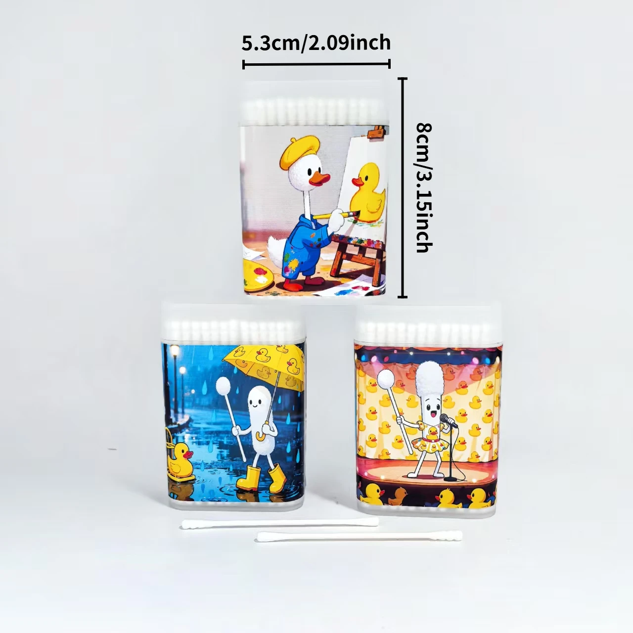 300개 귀여운 노란 오리 테마의 양면 면봉, 미세 축 나사형 원형 면봉