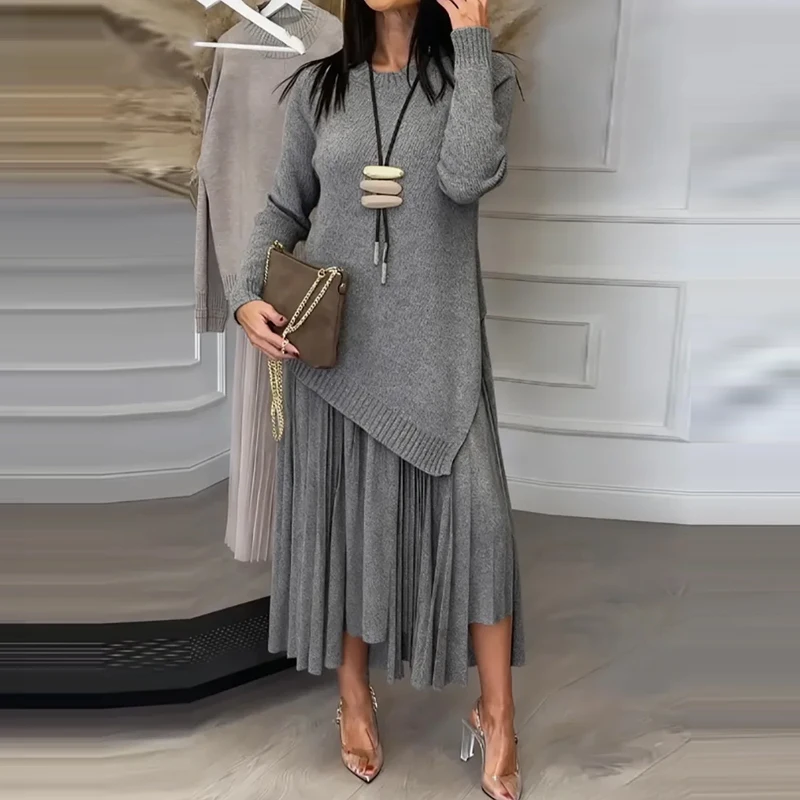 

Splicing Solid Long Skirt Outfits 2026 Women's Elegant Knit Loose 2Pc Sets Fashion O-neck Long Sleeve Top + Skirt Suit