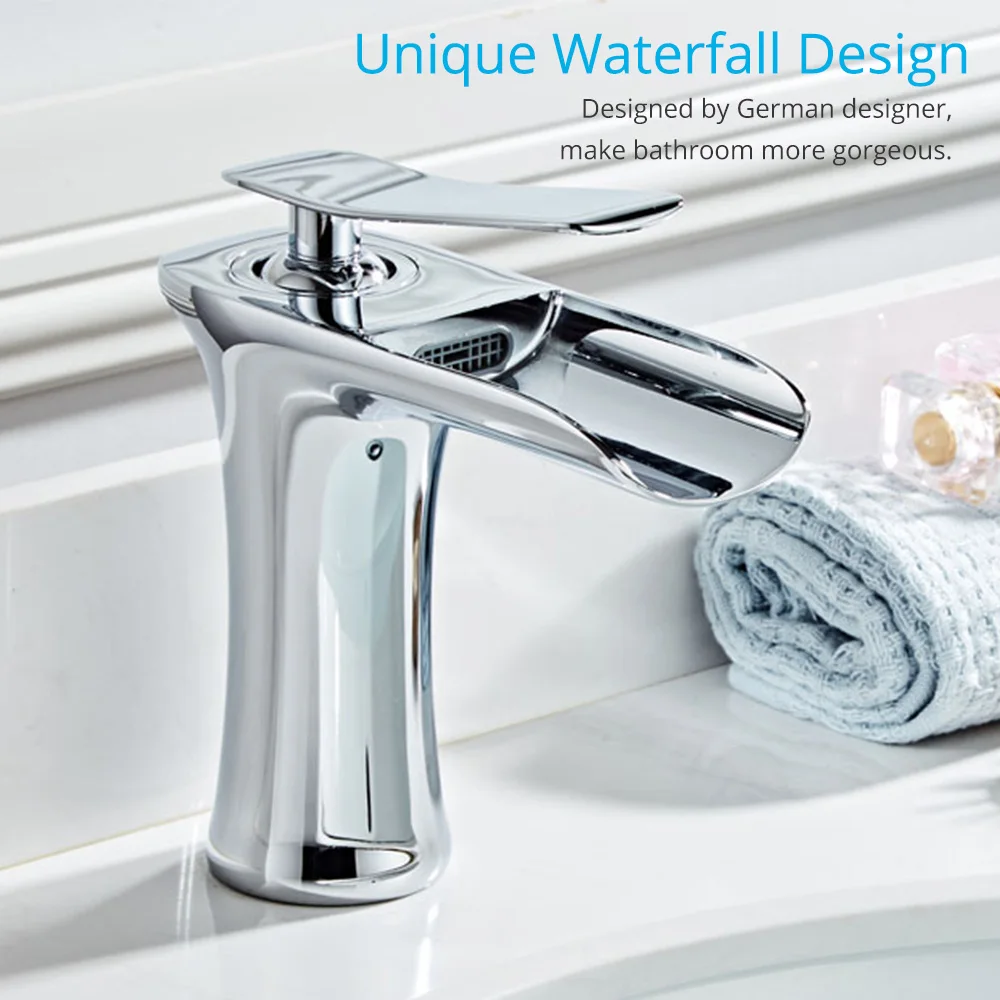 

Waterfall Sink Faucet Single Handle Single Hole Mixer Bathroom Taps Widespread Basin Faucets With Deck Cover Plate With Drain