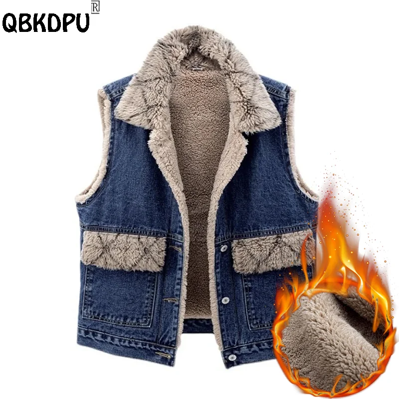 

Vintage Faux Lambswool Denim Vest Women Fall Winter Thicken Plus Velvet Sleeveless Jean Jackets Lapel Fleece Cowboy Waistcoat