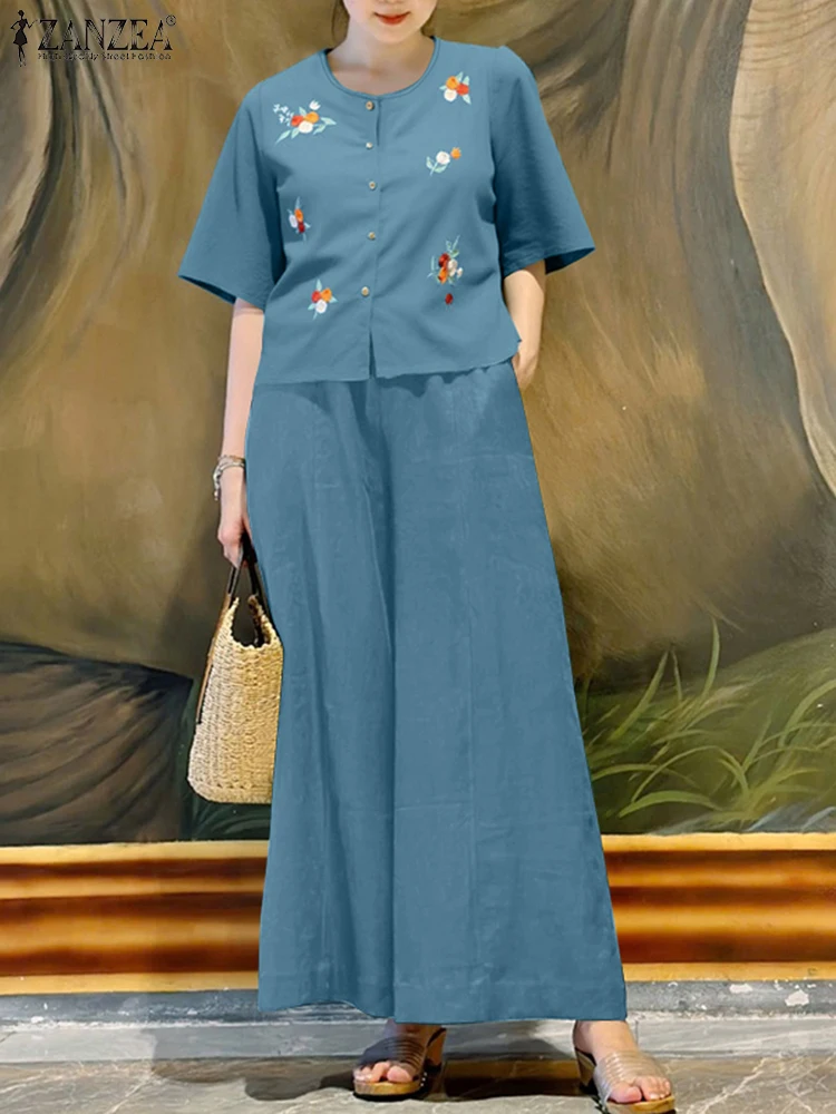 

ZANZEA Женские повседневные комплекты брюк с вышивкой и цветочным принтом, рубашки с короткими рукавами и широкие брюки, костюмы из 2 предметов, летние комплекты из 2 предметов