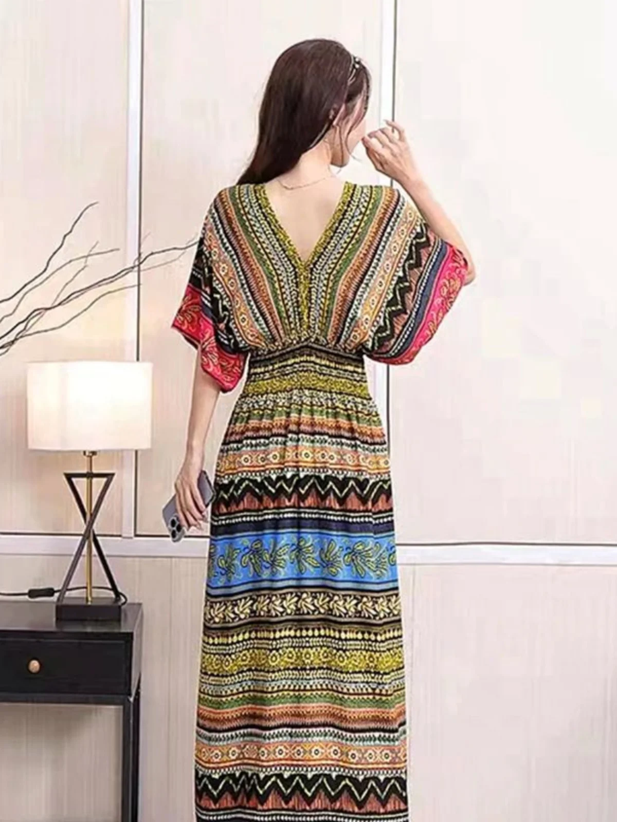 캐주얼 V넥 허리 조절 플로럴 프린트 Dr Street Sle 미드웨이스트 오르트 Sve 미디 스커트 H-ape 기타 소재 00%