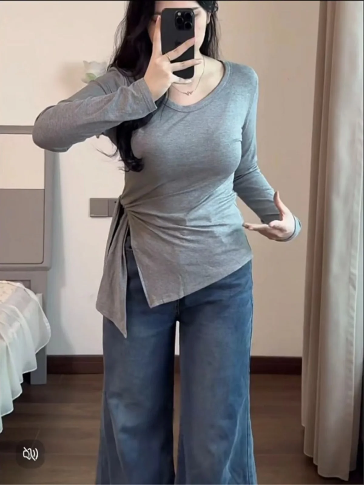 

plus Size Women's Long Sve T-irt Uneven Waist Tie Design Slimming Split V-Ne Korean Sle Straight Cut Autumn Faion