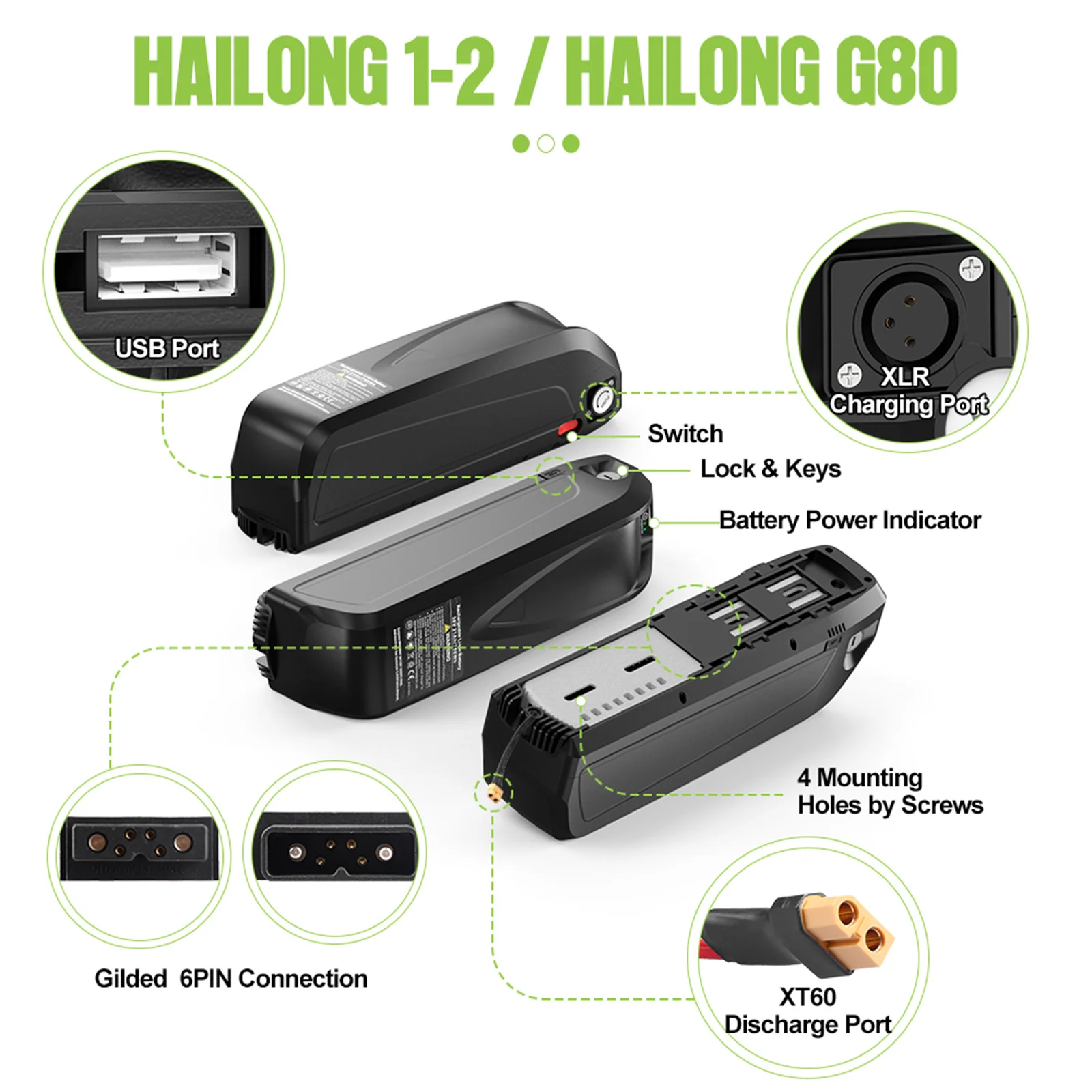 EBike Battery 48V 52V 36V Hailong 30A BMS Electric Bicycle Downtube Lithium Battery Pack For 1500W 1000W 750W 500W 250W Motor