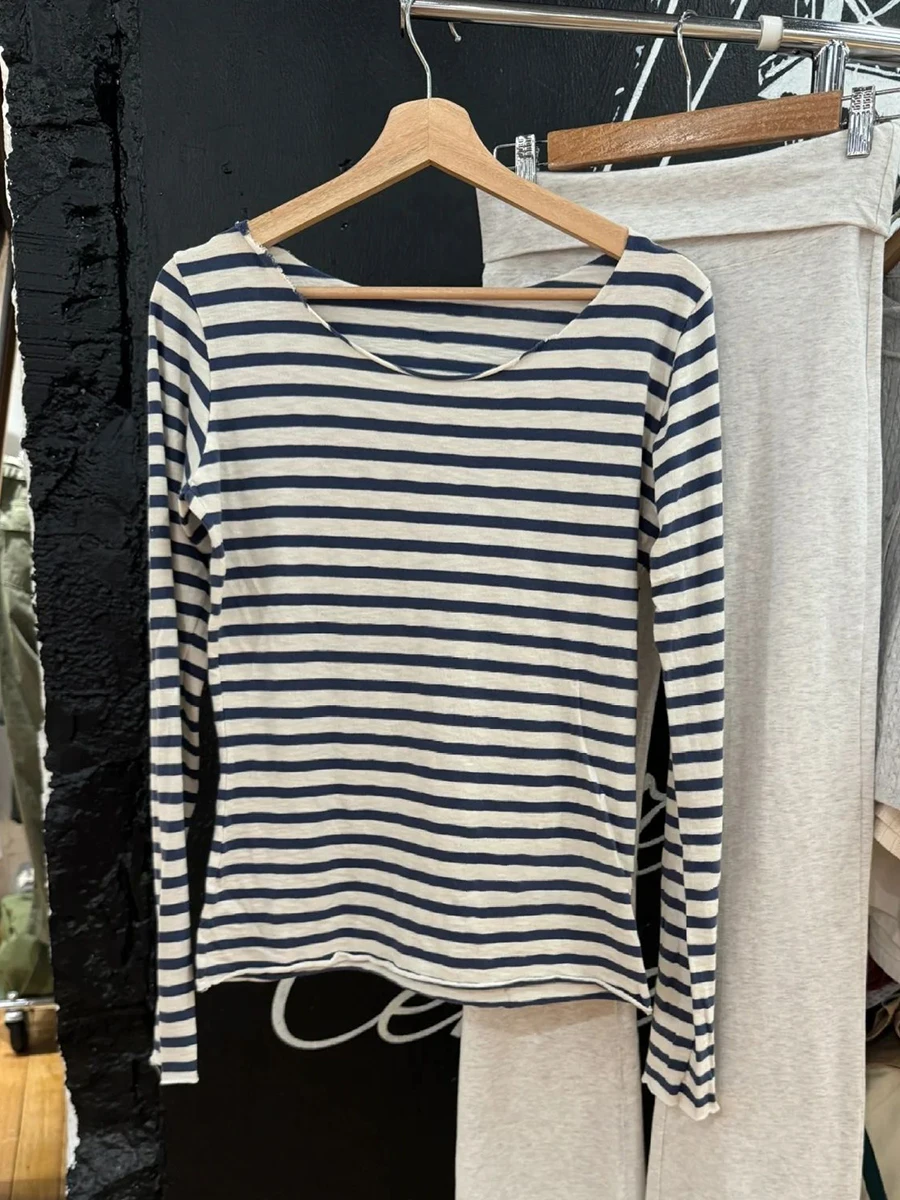 New Navy Striped Long Sleeve T-shirt Woman Autumn Sexy Slash Neck Raw Hem Cotton Tees Casual Vintage Streetwear Y2k Tshirts