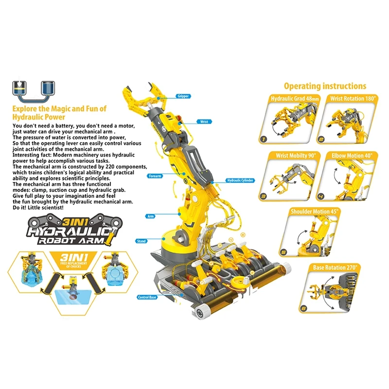 Juguetes para niños, brazo mecánico hidráulico ensamblado DIY, experimento científico de vapor, juego de juguetes de ingeniería para niños