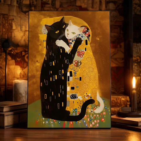 Cat Kitty Klimt Kiss Canvas Poster Vintage Creative Parody Style Print Wall Art Pictures Painting Living Room Home Decoration
