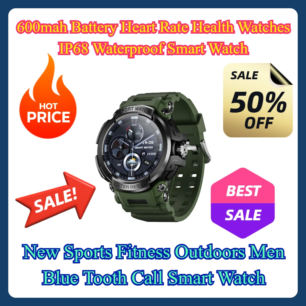 

600mah Battery Heart Rate Health Watches IP68 Waterproof Smart Watch New Sports Fitness Outdoors Men Blue Tooth Call Smartwatch