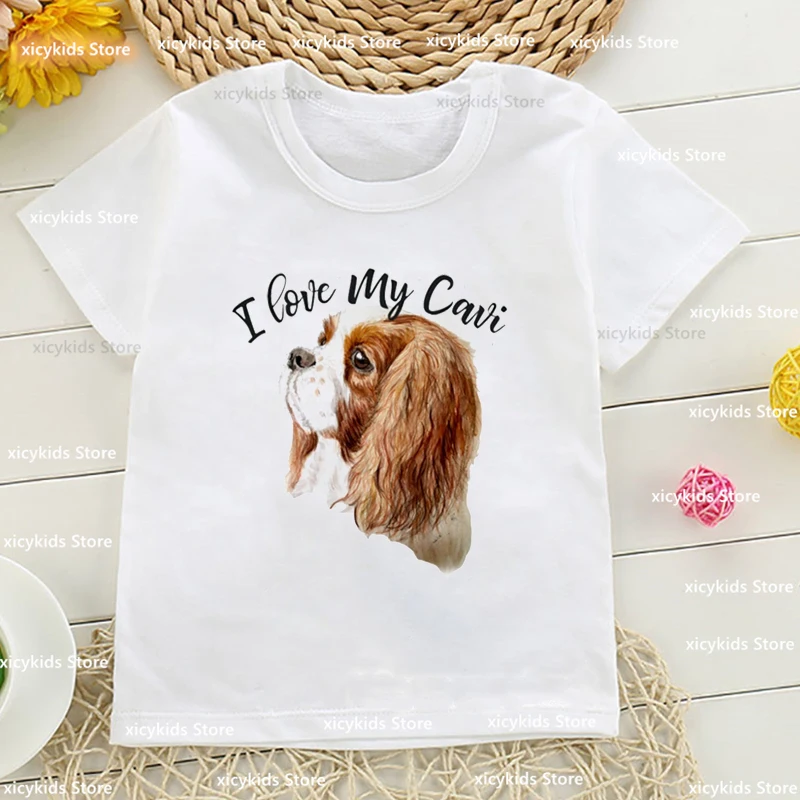 Cavalier King Charles Spaniel Pet Dog Animal Print Girls t-shirts Summer Fashion Kids tshirt Funny Boys t-shirts White Tops