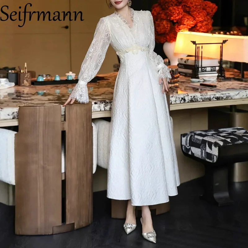 

Seifrmann модный дизайн женское праздничное платье с v-образным вырезом и расклешенными рукавами кружевное платье трапециевидной формы с высокой талией и бисером