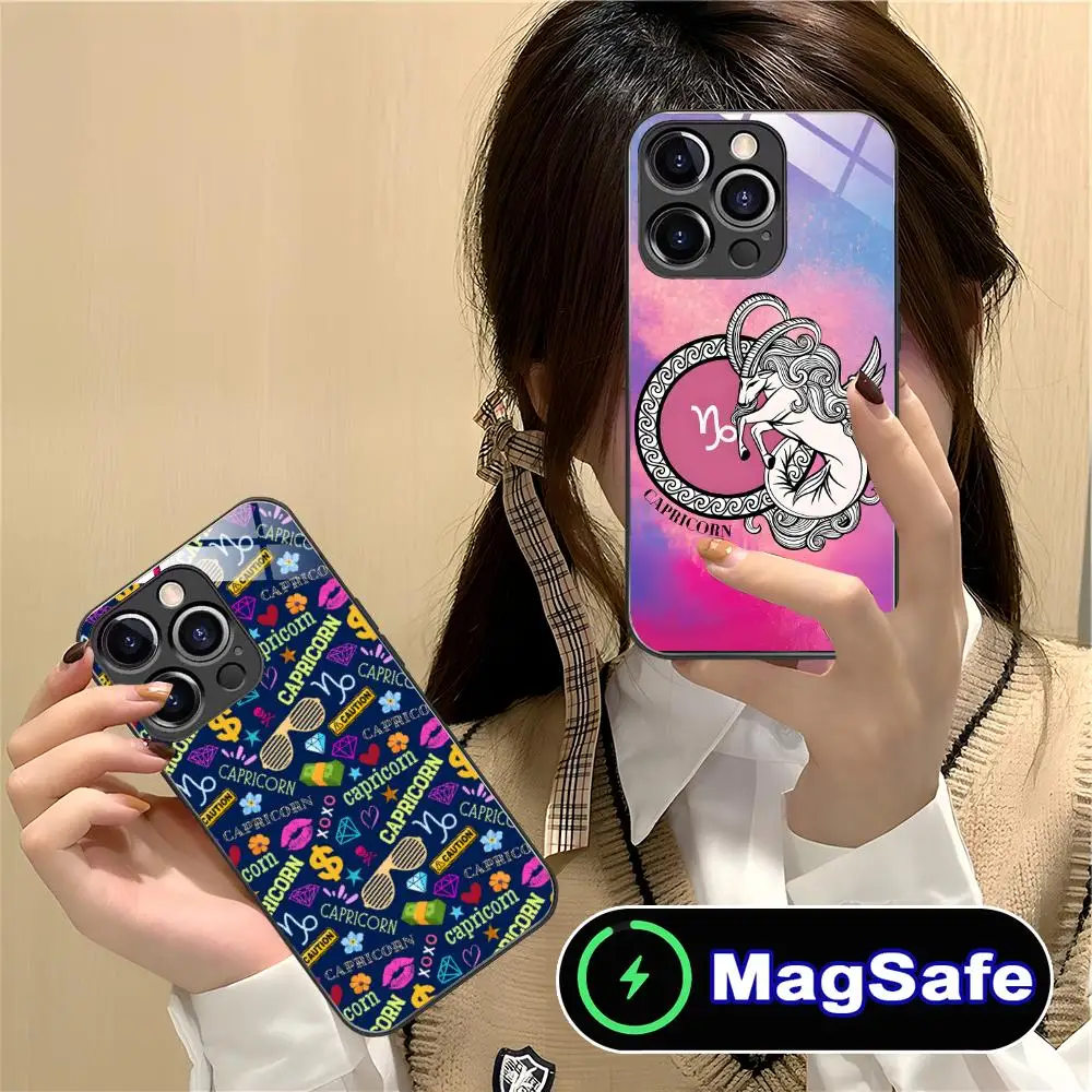 Casing Ponsel Zodiak Capricorn untuk iPhone 17 16 15 14 13 12 11 Pro Max Plus Mini MagSafe Kaca Warna-warni Penutup Cantik