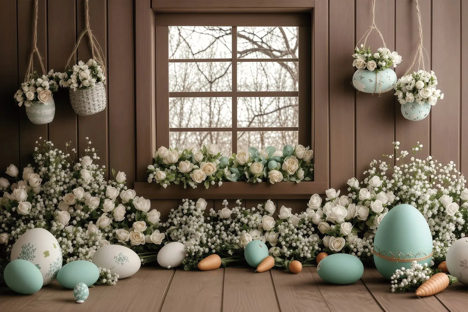Fondo de fotografía de conejito, huevos de Pascua, puerta de madera, ventana, hojas verdes, flor blanca, decoración de fiesta de cumpleaños, Baby Shower
